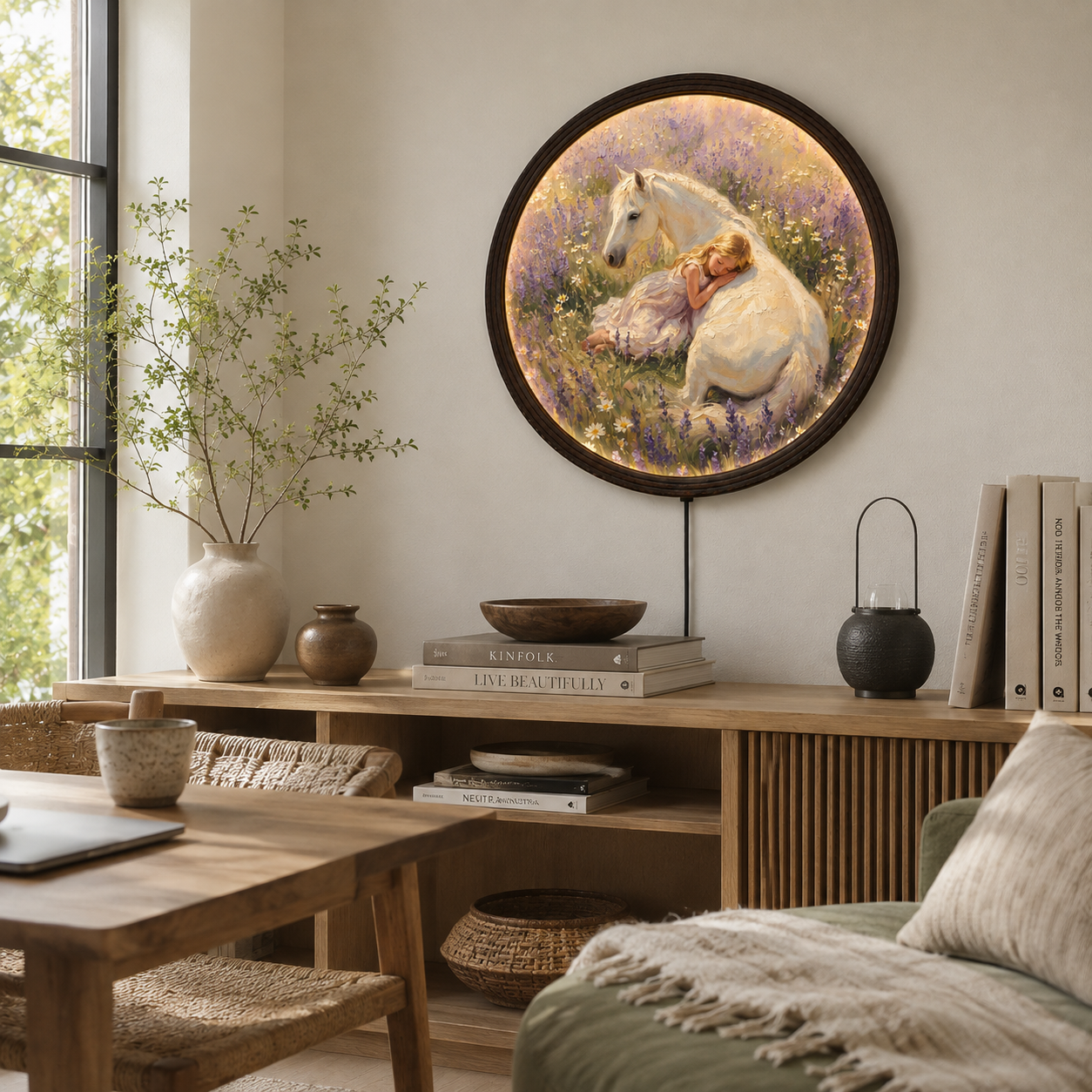Round LED Wall Art – Sleeping Girl & White Horse Floral Lighted Wall Decor