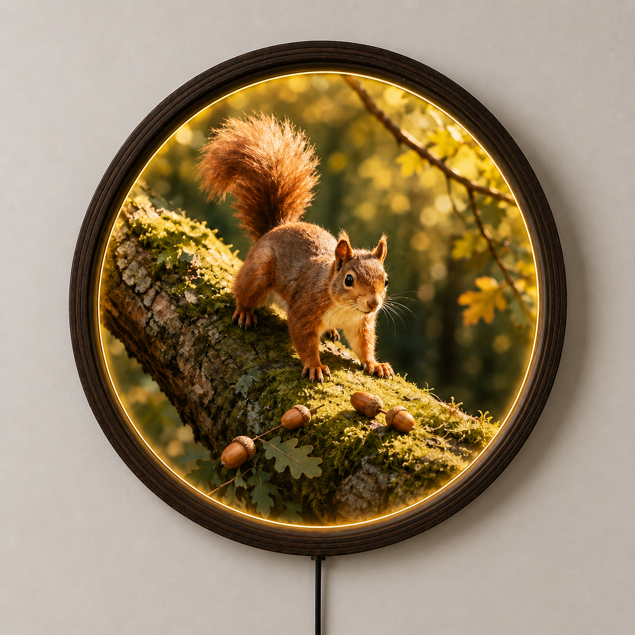Rustic Squirrel Wall Art – Round LED Lighted Woodland Animal Decor