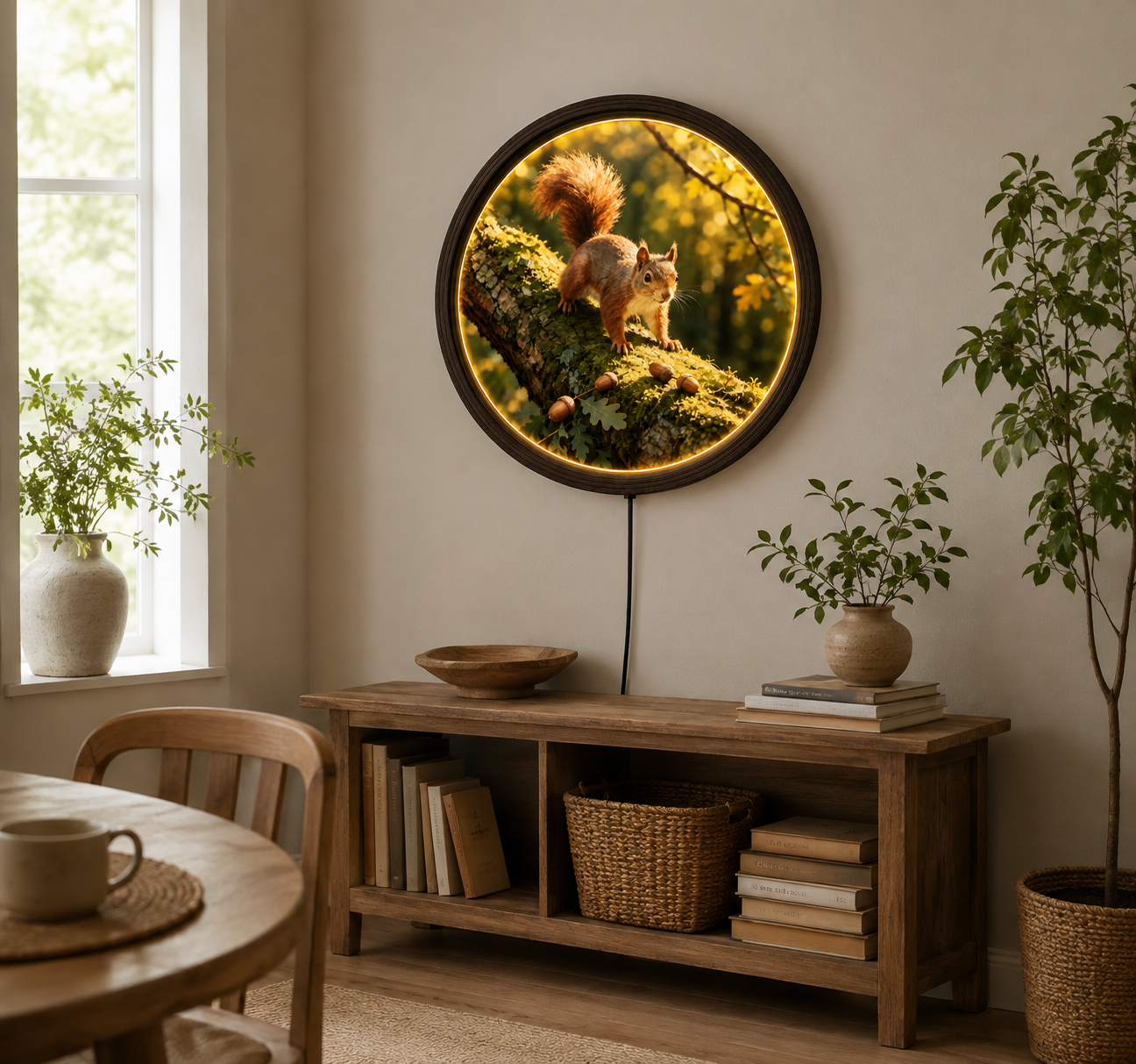 Rustic Squirrel Wall Art – Round LED Lighted Woodland Animal Decor