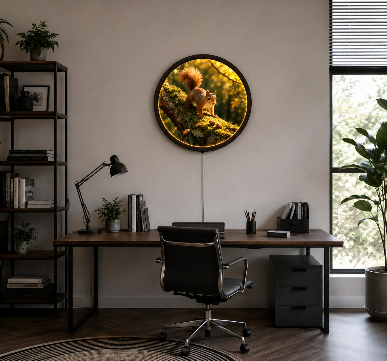 Rustic Squirrel Wall Art – Round LED Lighted Woodland Animal Decor
