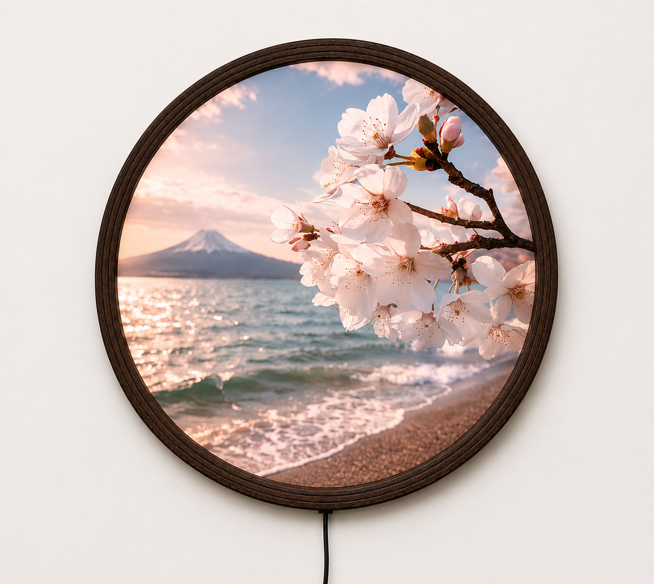 Mount Fuji & Cherry Blossom LED Round Wall Art – Japanese Sunset Landscape Illuminated Home Decor