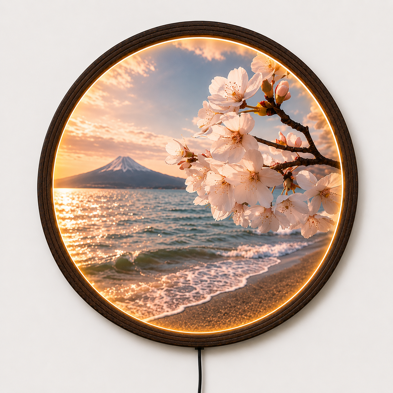 Mount Fuji & Cherry Blossom LED Round Wall Art – Japanese Sunset Landscape Illuminated Home Decor
