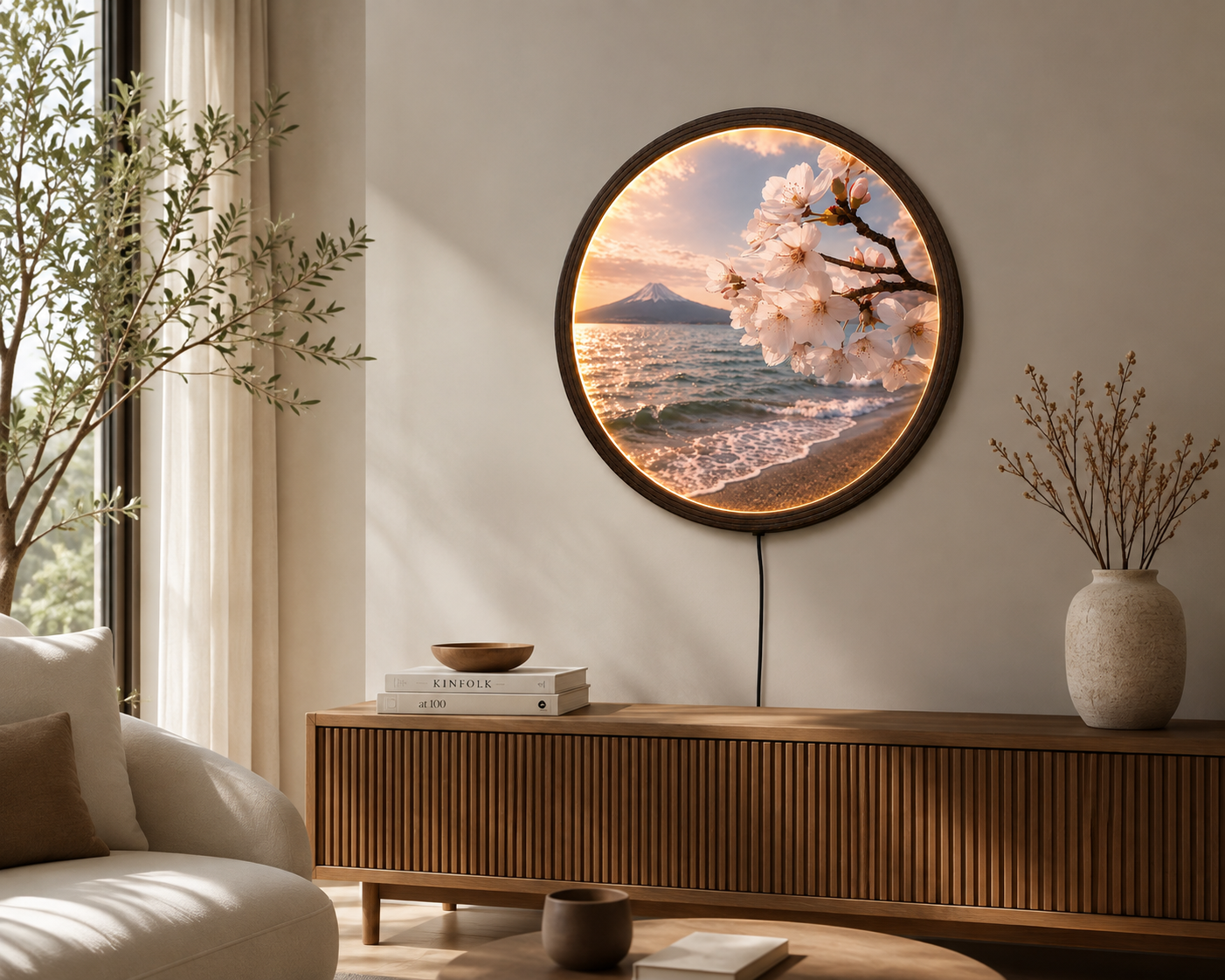 Mount Fuji & Cherry Blossom LED Round Wall Art – Japanese Sunset Landscape Illuminated Home Decor