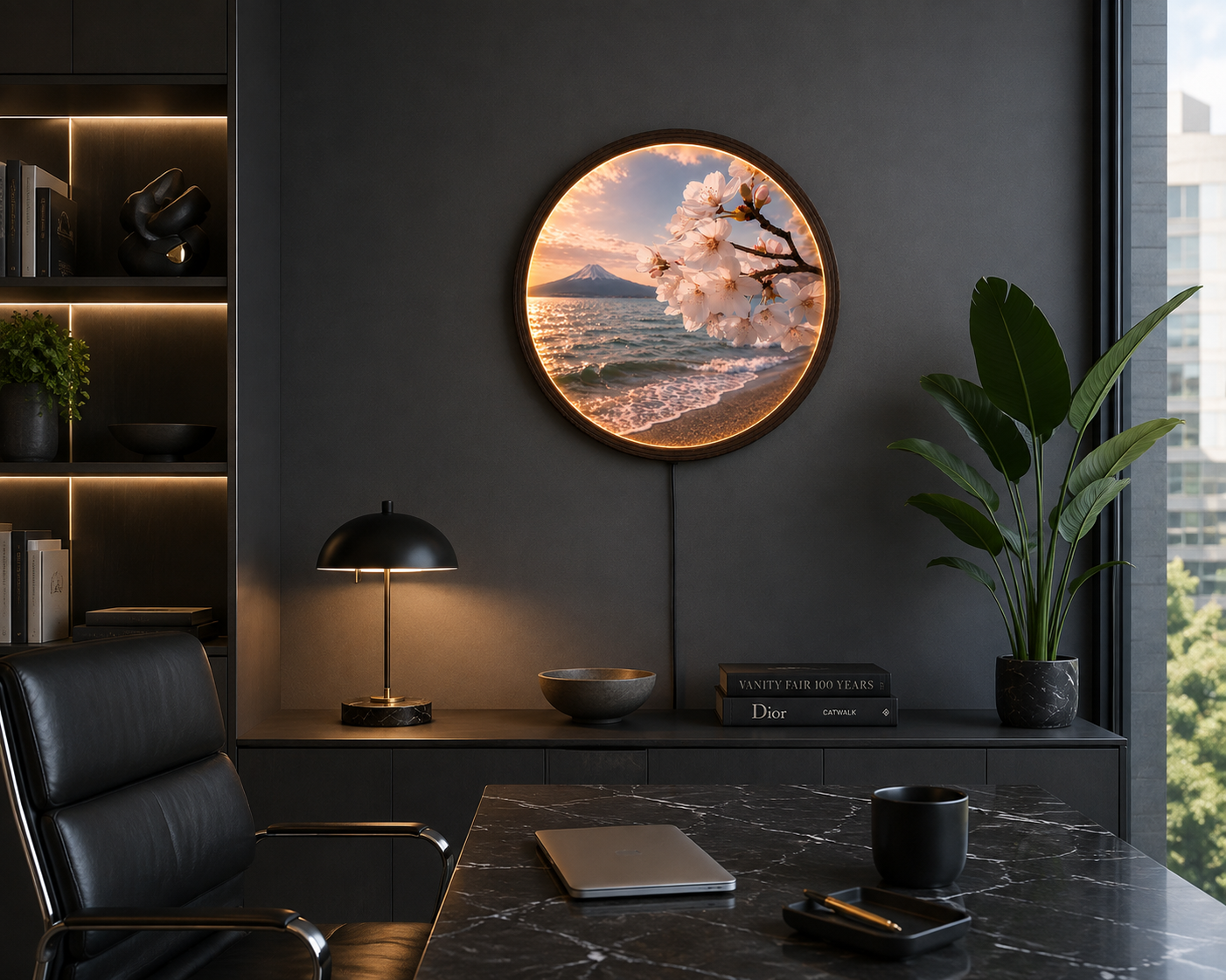 Mount Fuji & Cherry Blossom LED Round Wall Art – Japanese Sunset Landscape Illuminated Home Decor