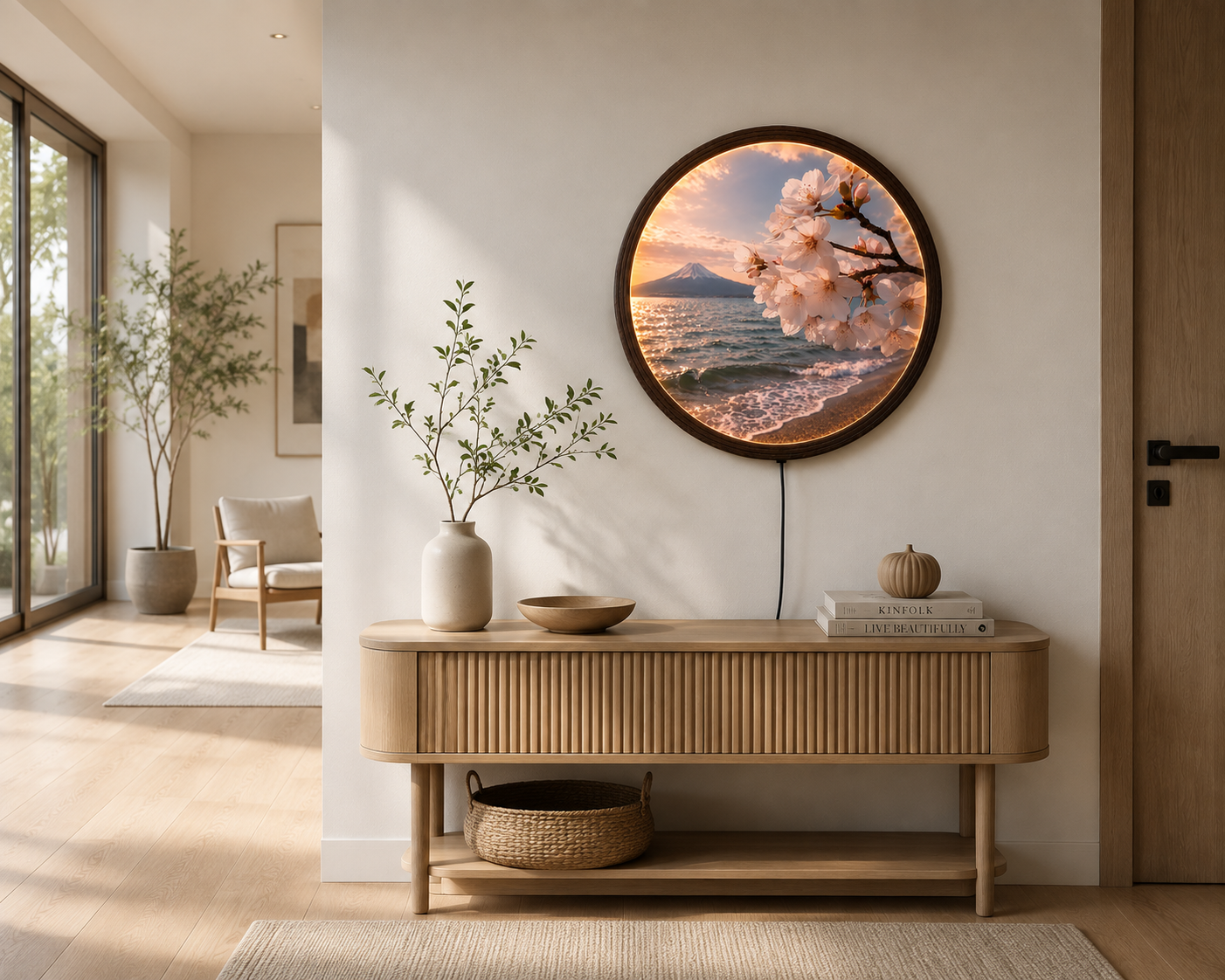 Mount Fuji & Cherry Blossom LED Round Wall Art – Japanese Sunset Landscape Illuminated Home Decor