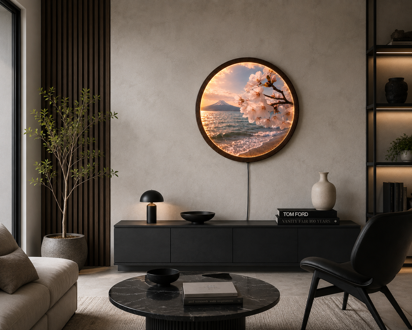 Mount Fuji & Cherry Blossom LED Round Wall Art – Japanese Sunset Landscape Illuminated Home Decor