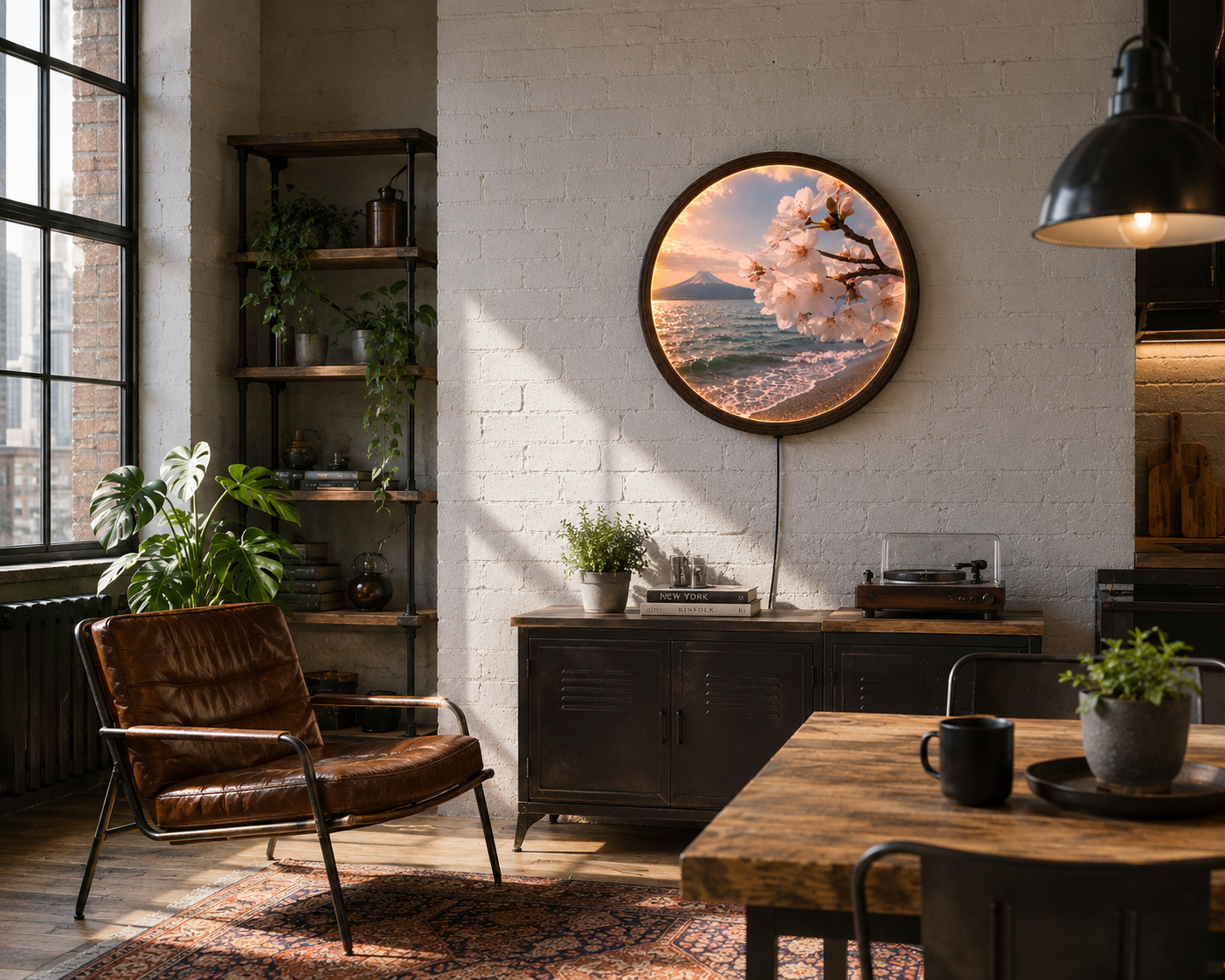 Mount Fuji & Cherry Blossom LED Round Wall Art – Japanese Sunset Landscape Illuminated Home Decor