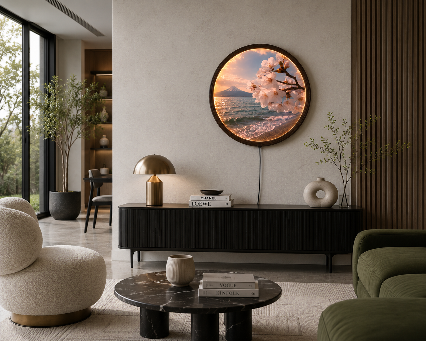 Mount Fuji & Cherry Blossom LED Round Wall Art – Japanese Sunset Landscape Illuminated Home Decor