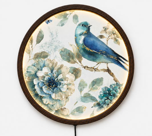 Blue Bird Floral LED Wall Art – Round Lighted Botanical Wall Decor, Watercolor Bird Canvas, Rustic Farmhouse Home Decor