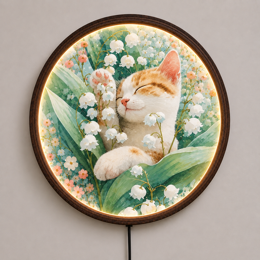 Illuminated Cat & Lily of the Valley Round Wall Art – Cottagecore Floral LED Lighted Wall Decor