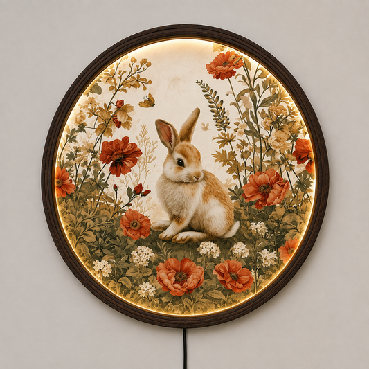 Vintage Rabbit Floral LED Wall Art – Round Illuminated Home Decor