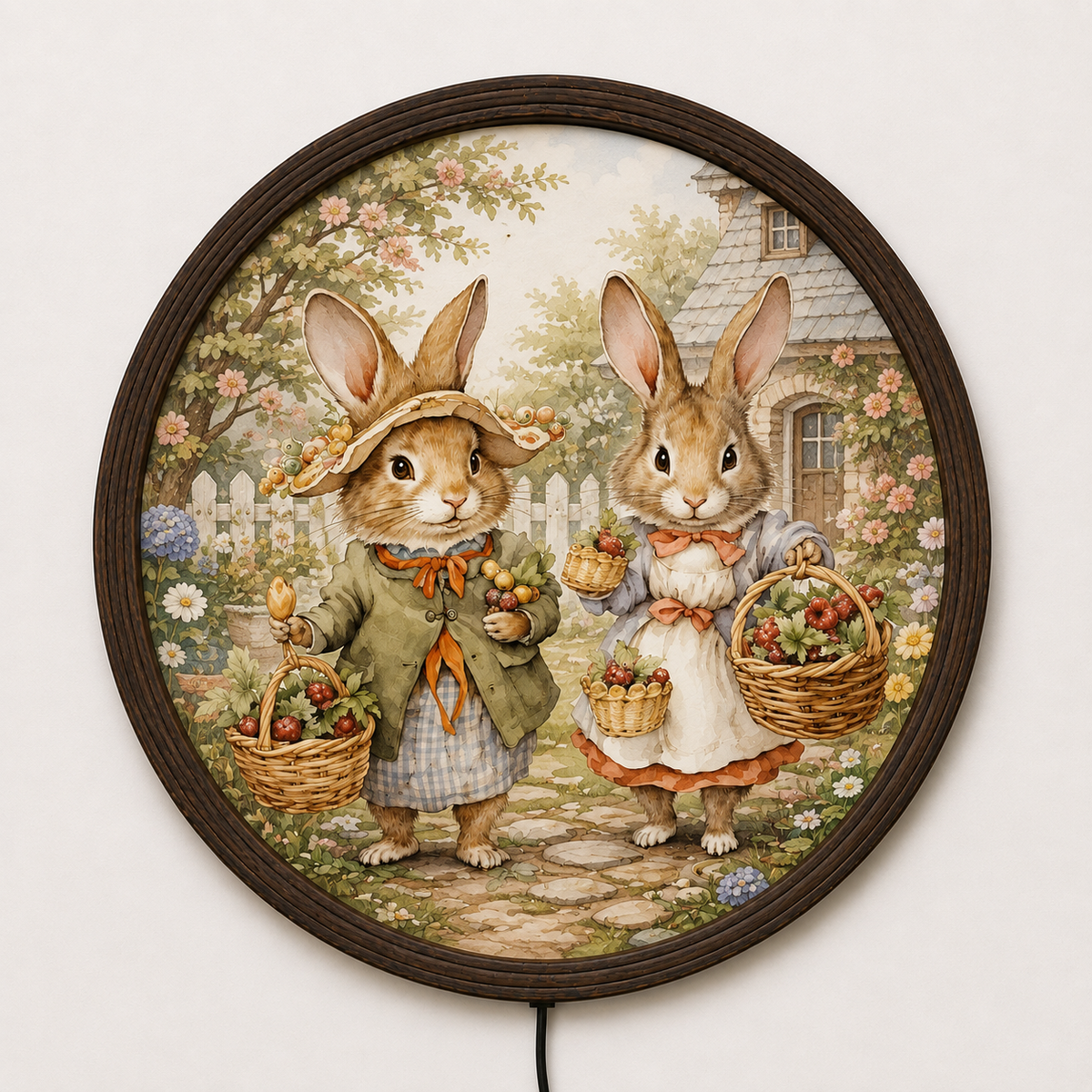 Rustic Bunny Garden LED Wall Art – Round Farmhouse Home Decor Light