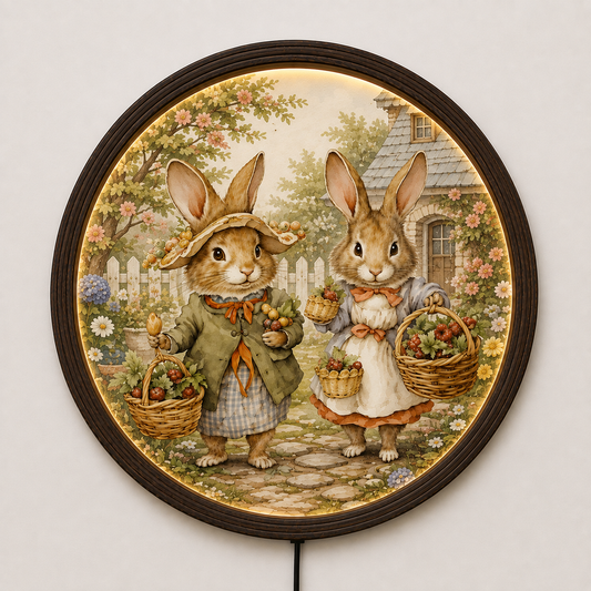 Rustic Bunny Garden LED Wall Art – Round Farmhouse Home Decor Light