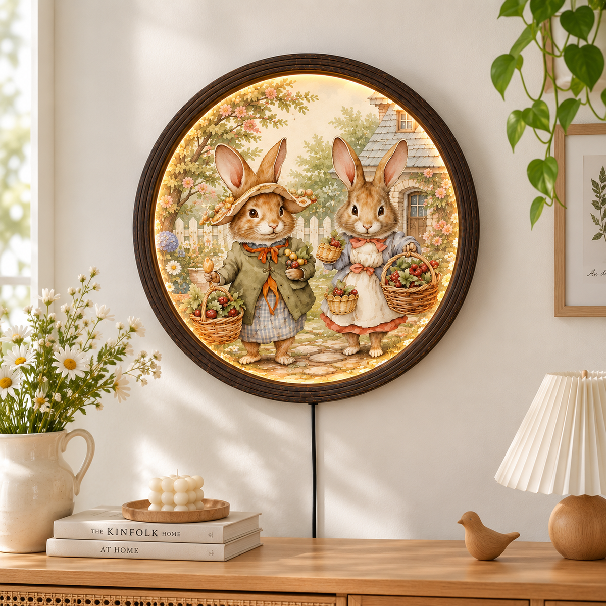 Rustic Bunny Garden LED Wall Art – Round Farmhouse Home Decor Light