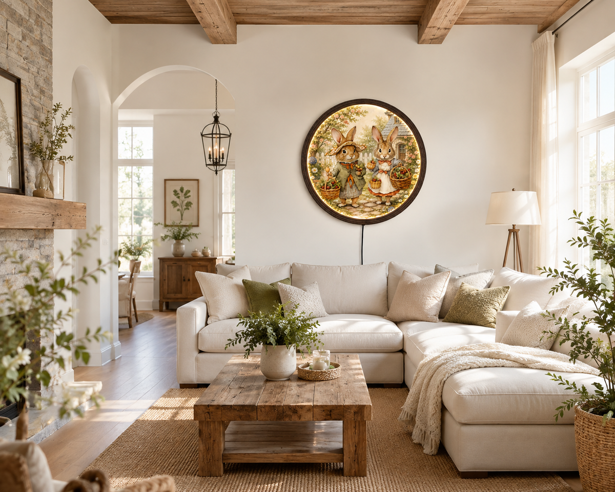 Rustic Bunny Garden LED Wall Art – Round Farmhouse Home Decor Light