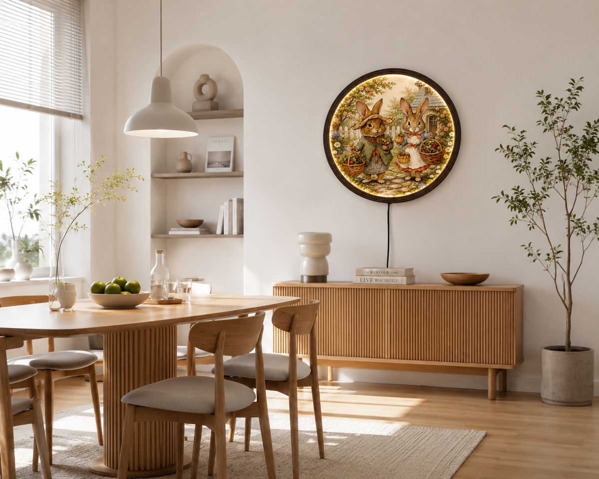 Rustic Bunny Garden LED Wall Art – Round Farmhouse Home Decor Light