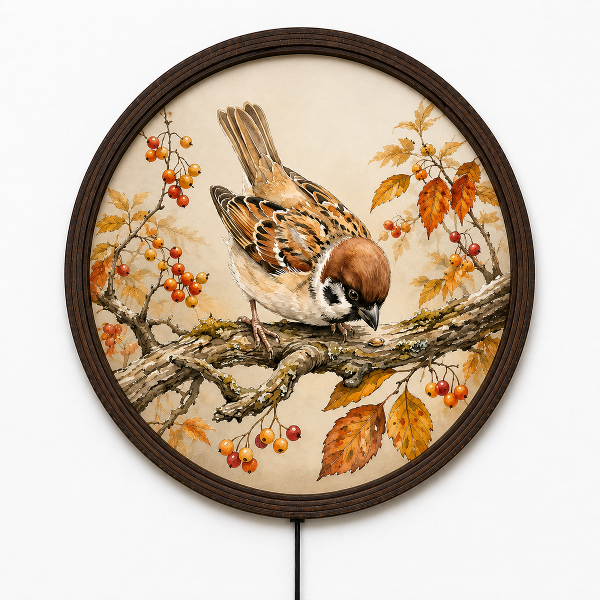 Round Sparrow Bird Wall Art with LED Lighting – Rustic Autumn Nature Home Decor