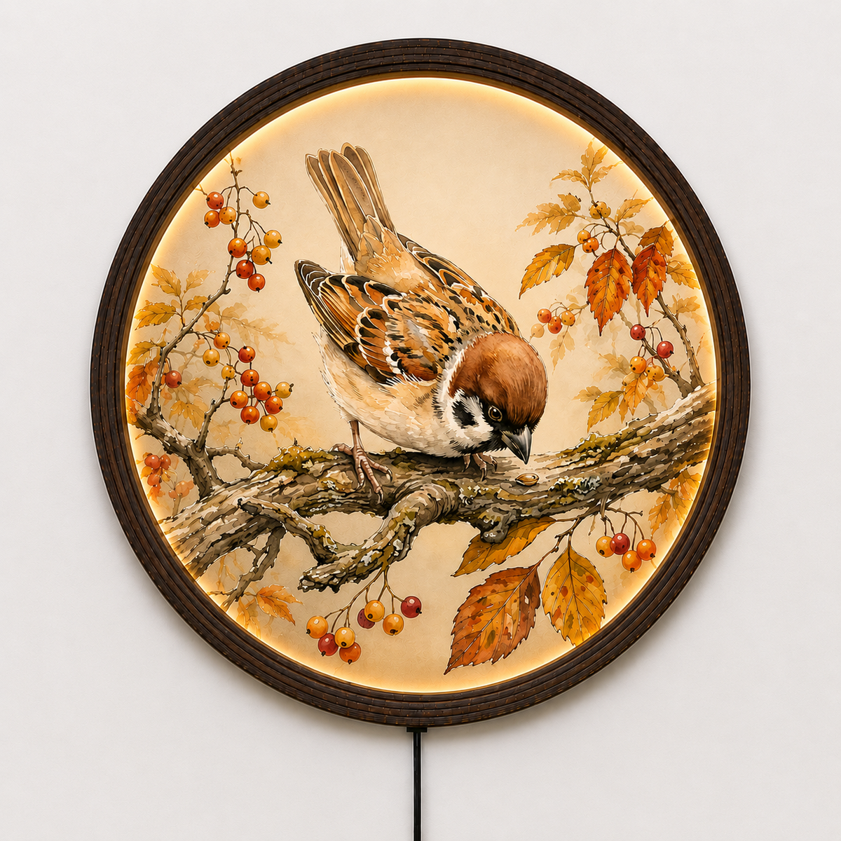 Round Sparrow Bird Wall Art with LED Lighting – Rustic Autumn Nature Home Decor