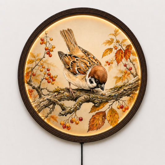 Round Sparrow Bird Wall Art with LED Lighting – Rustic Autumn Nature Home Decor