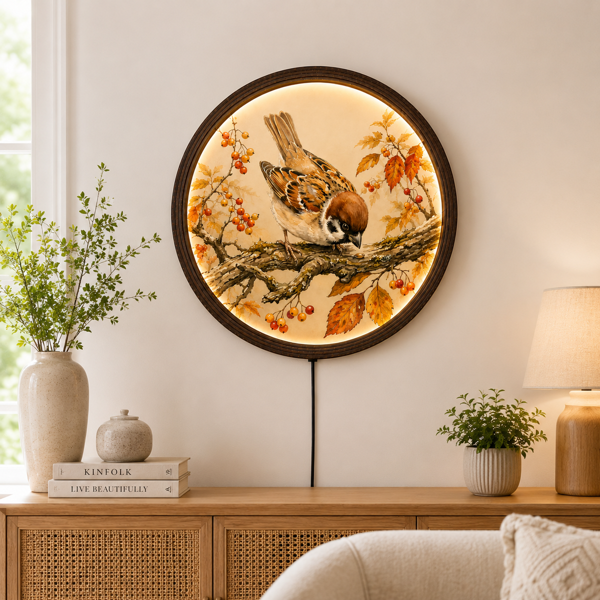 Round Sparrow Bird Wall Art with LED Lighting – Rustic Autumn Nature Home Decor