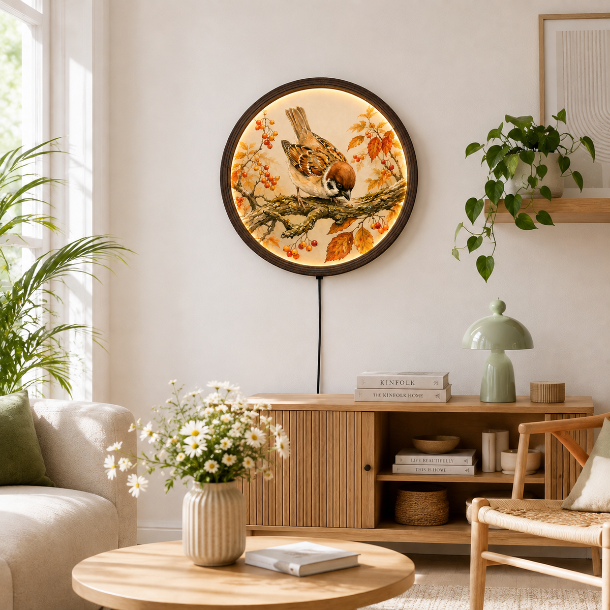 Round Sparrow Bird Wall Art with LED Lighting – Rustic Autumn Nature Home Decor