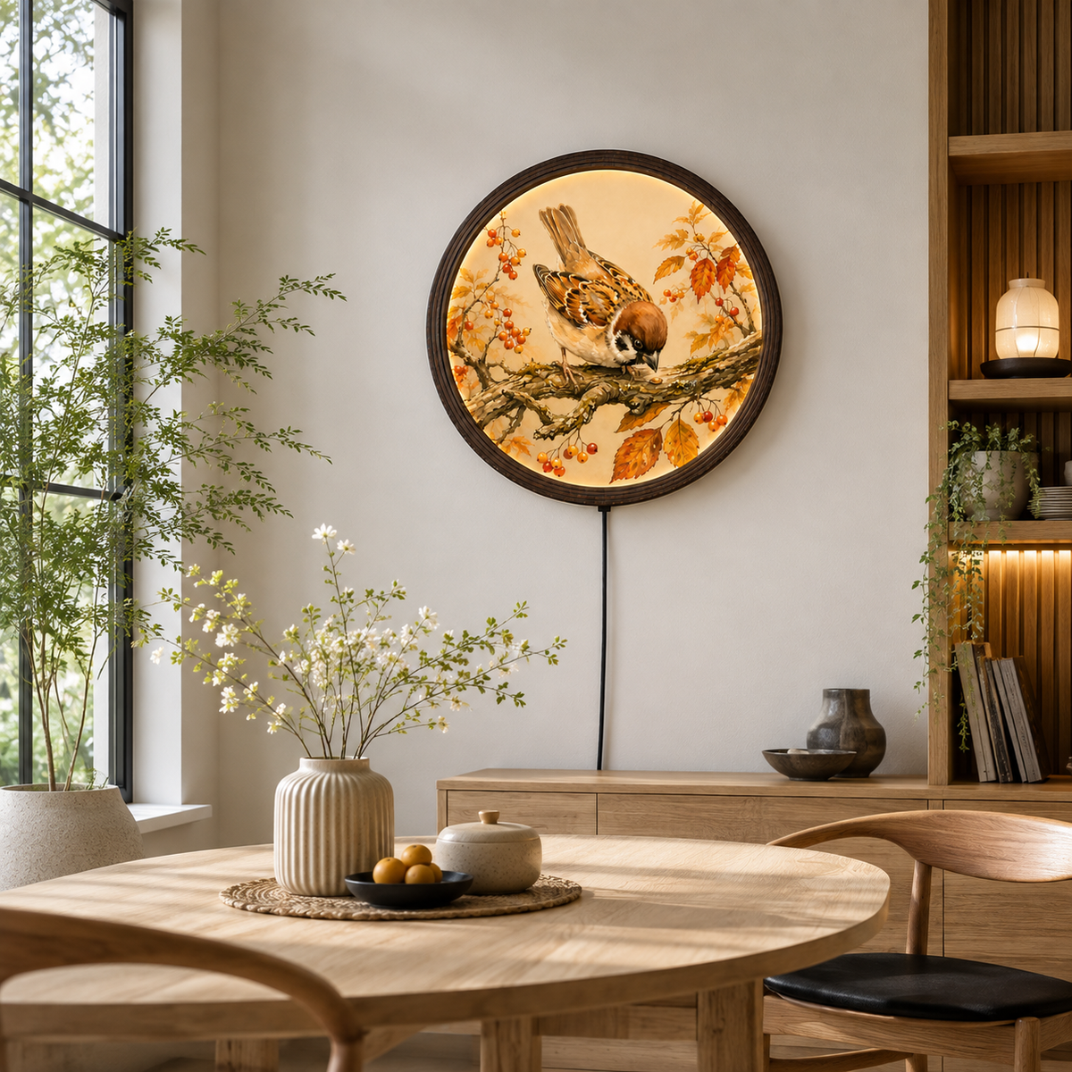 Round Sparrow Bird Wall Art with LED Lighting – Rustic Autumn Nature Home Decor