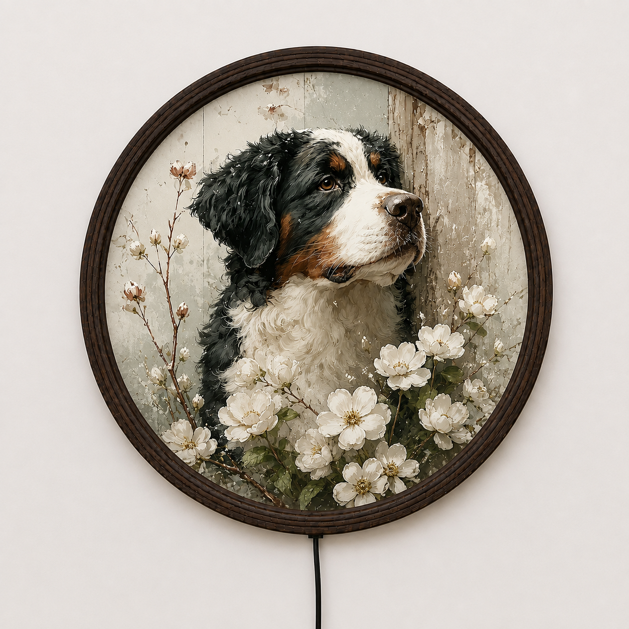 Illuminated Bernese Mountain Dog Floral Wall Art – Rustic LED Lighted Round Wall Decor
