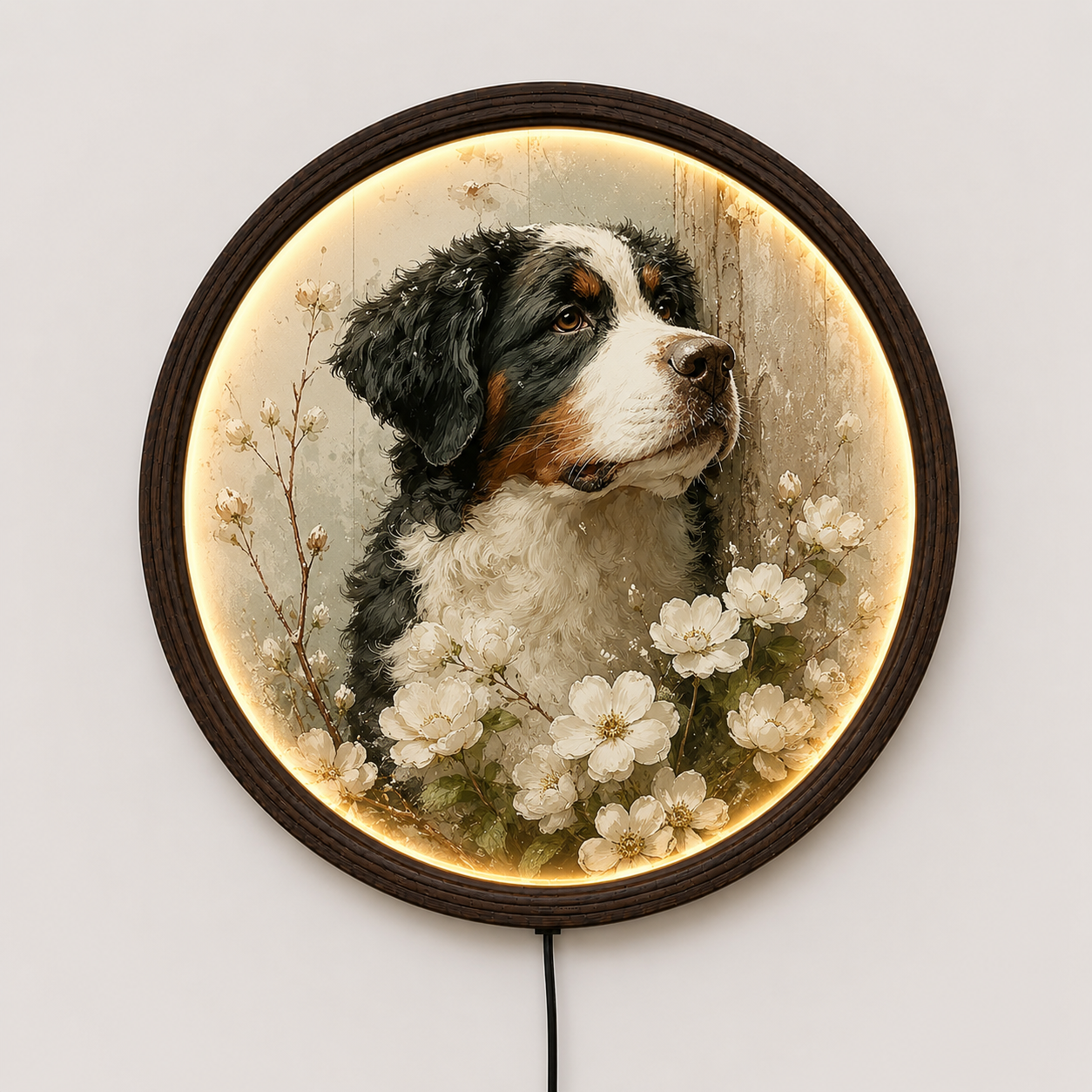 Illuminated Bernese Mountain Dog Floral Wall Art – Rustic LED Lighted Round Wall Decor