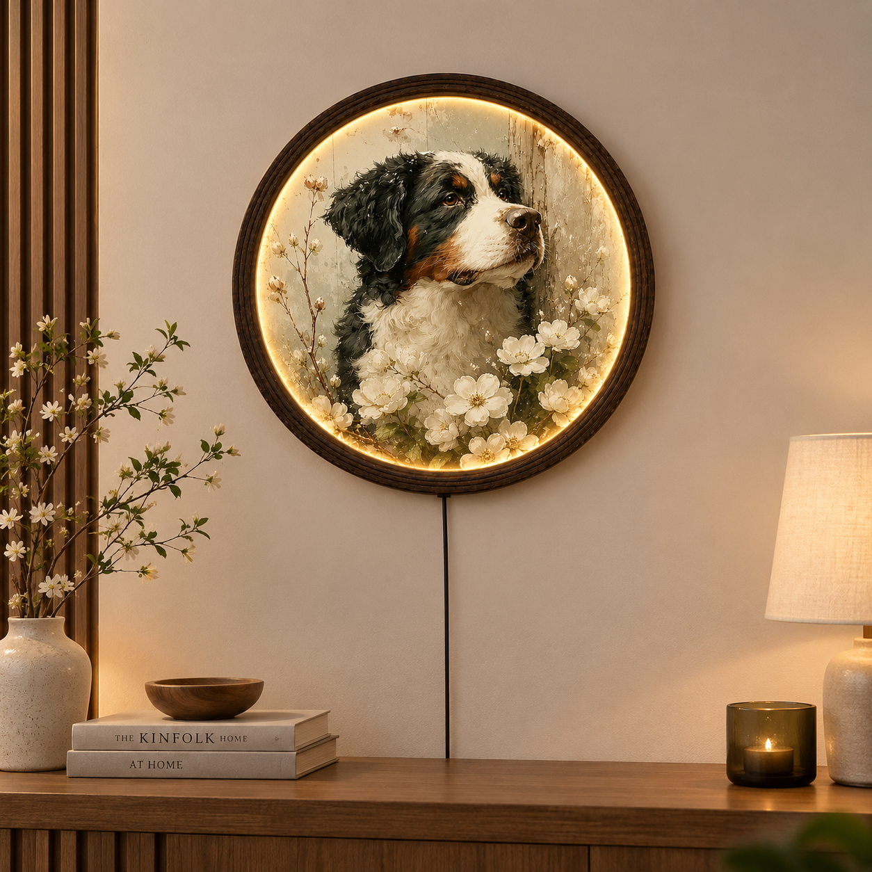 Illuminated Bernese Mountain Dog Floral Wall Art – Rustic LED Lighted Round Wall Decor