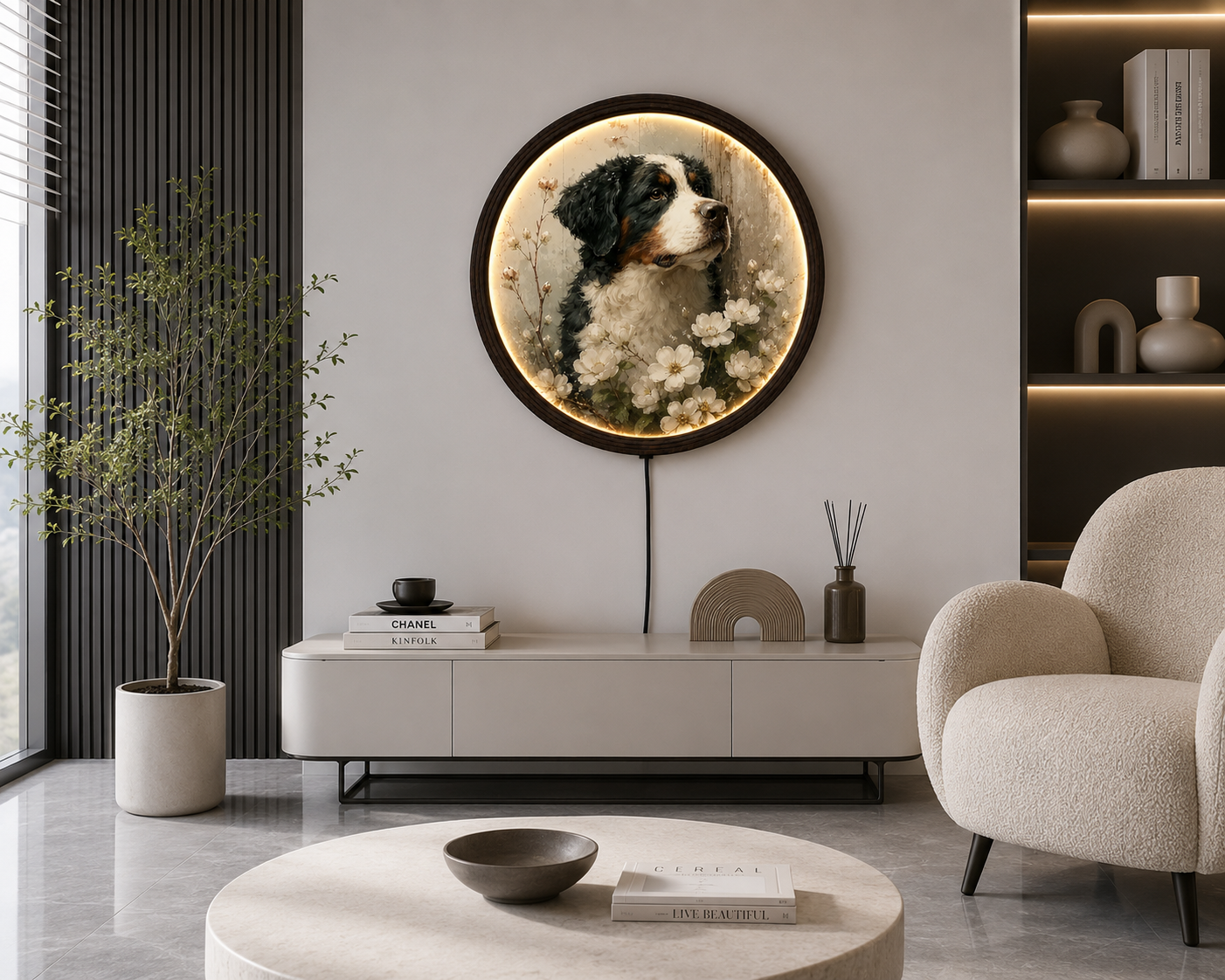 Illuminated Bernese Mountain Dog Floral Wall Art – Rustic LED Lighted Round Wall Decor