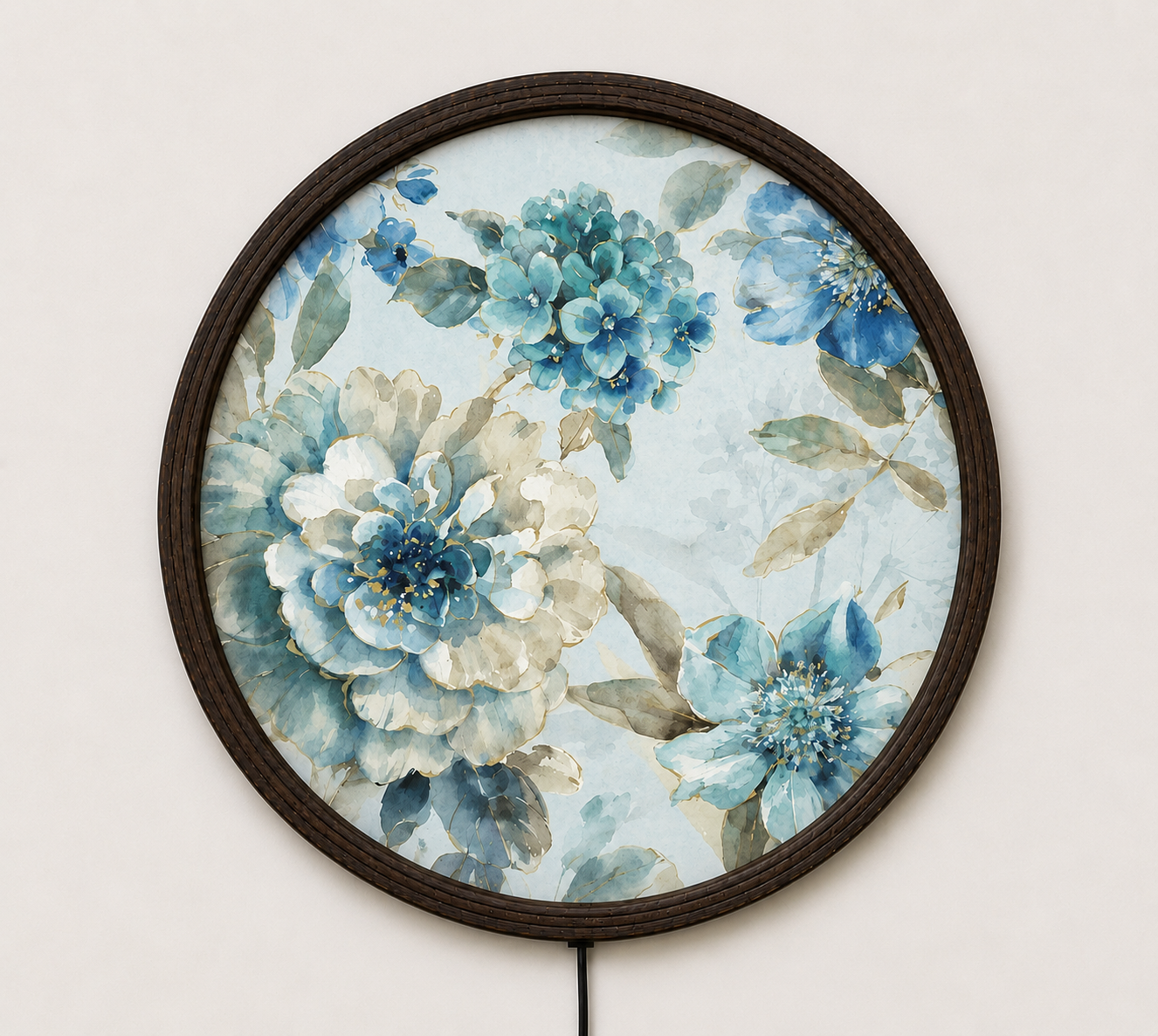 Blue Floral LED Round Wall Art – Modern Botanical Lighted Wall Decor | Luxury Home Decor