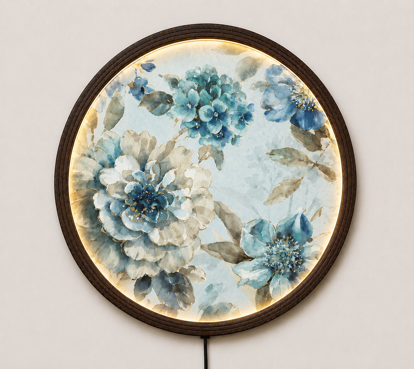 Blue Floral LED Round Wall Art – Modern Botanical Lighted Wall Decor | Luxury Home Decor