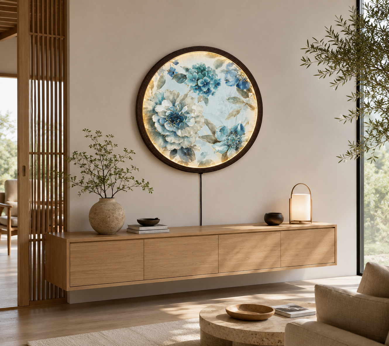 Blue Floral LED Round Wall Art – Modern Botanical Lighted Wall Decor | Luxury Home Decor