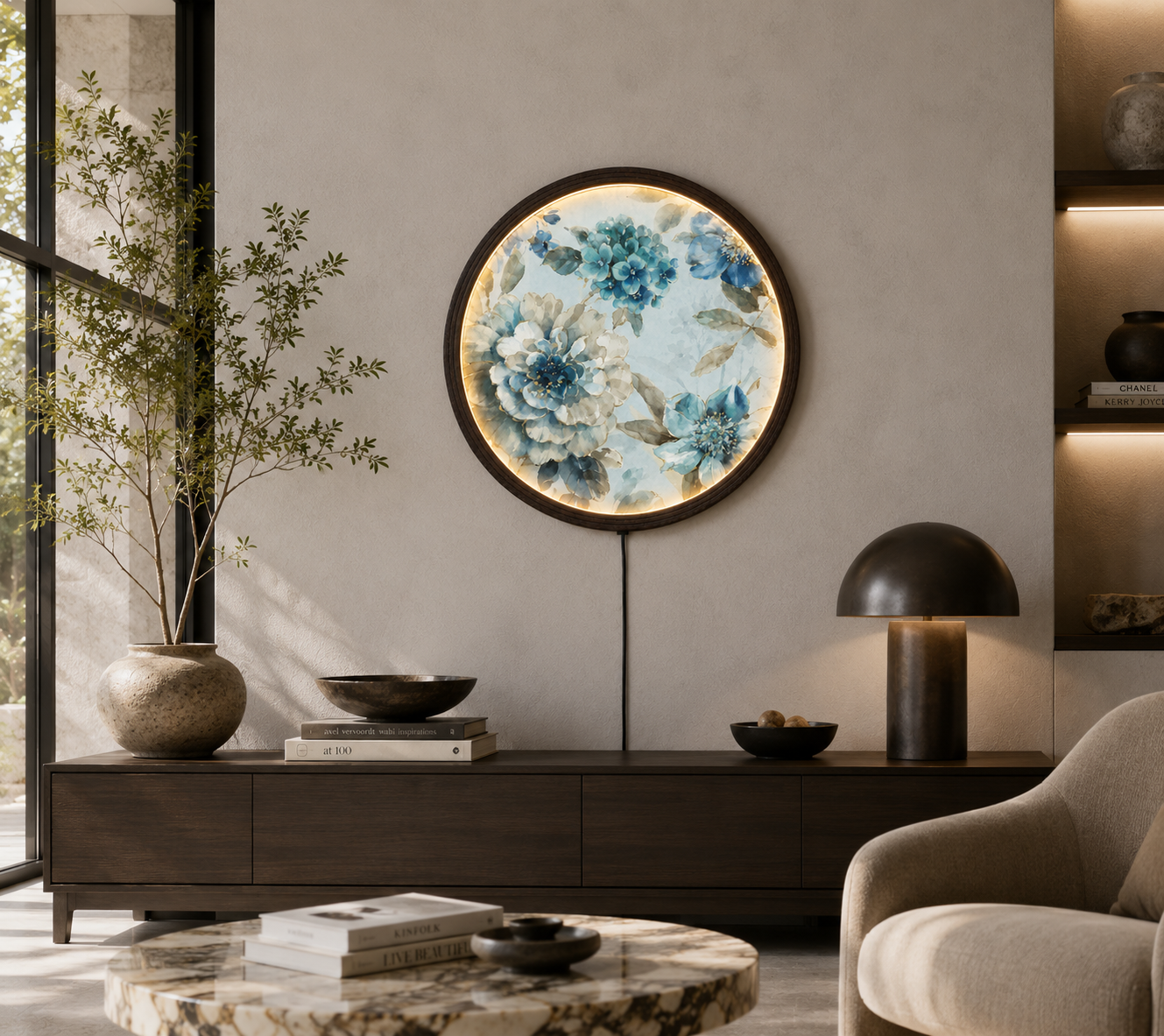 Blue Floral LED Round Wall Art – Modern Botanical Lighted Wall Decor | Luxury Home Decor