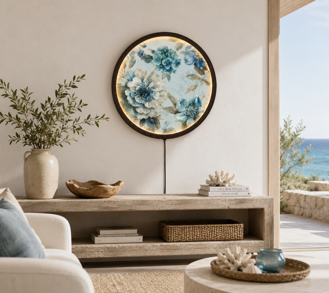 Blue Floral LED Round Wall Art – Modern Botanical Lighted Wall Decor | Luxury Home Decor