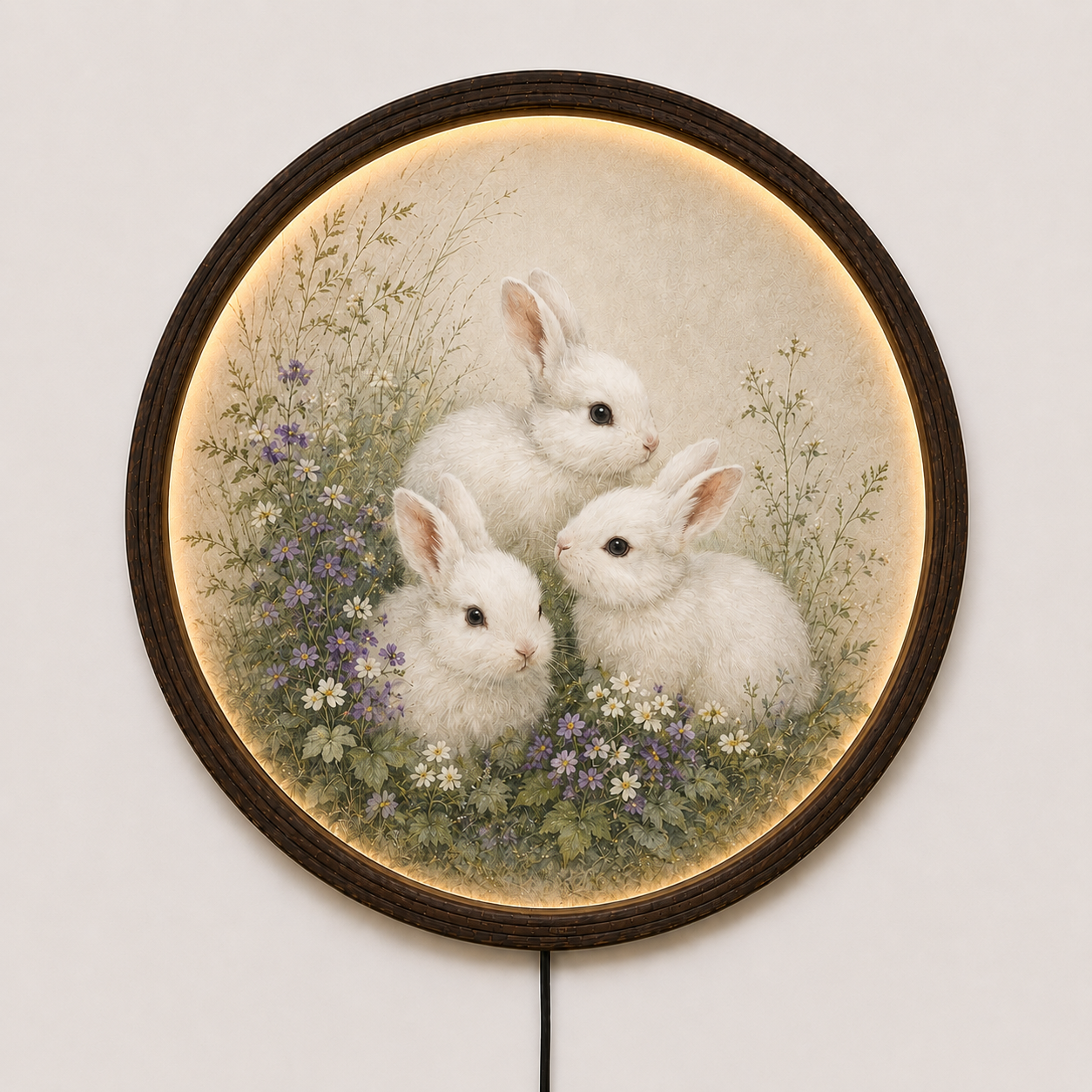 Round Rabbit LED Wall Art – Rustic Farmhouse Home Decor, Illuminated Bunny Wall Hanging