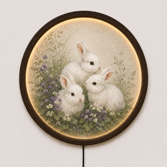Round Rabbit LED Wall Art – Rustic Farmhouse Home Decor, Illuminated Bunny Wall Hanging
