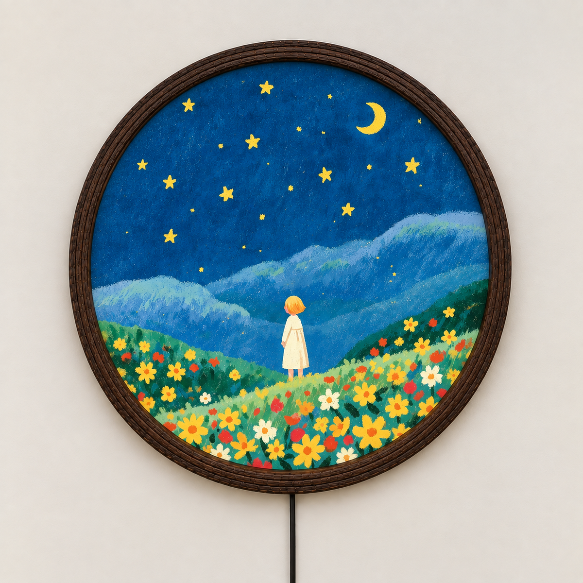 Whimsical Girl in Wildflower Meadow LED Wall Art – Round Illuminated Wall Decor