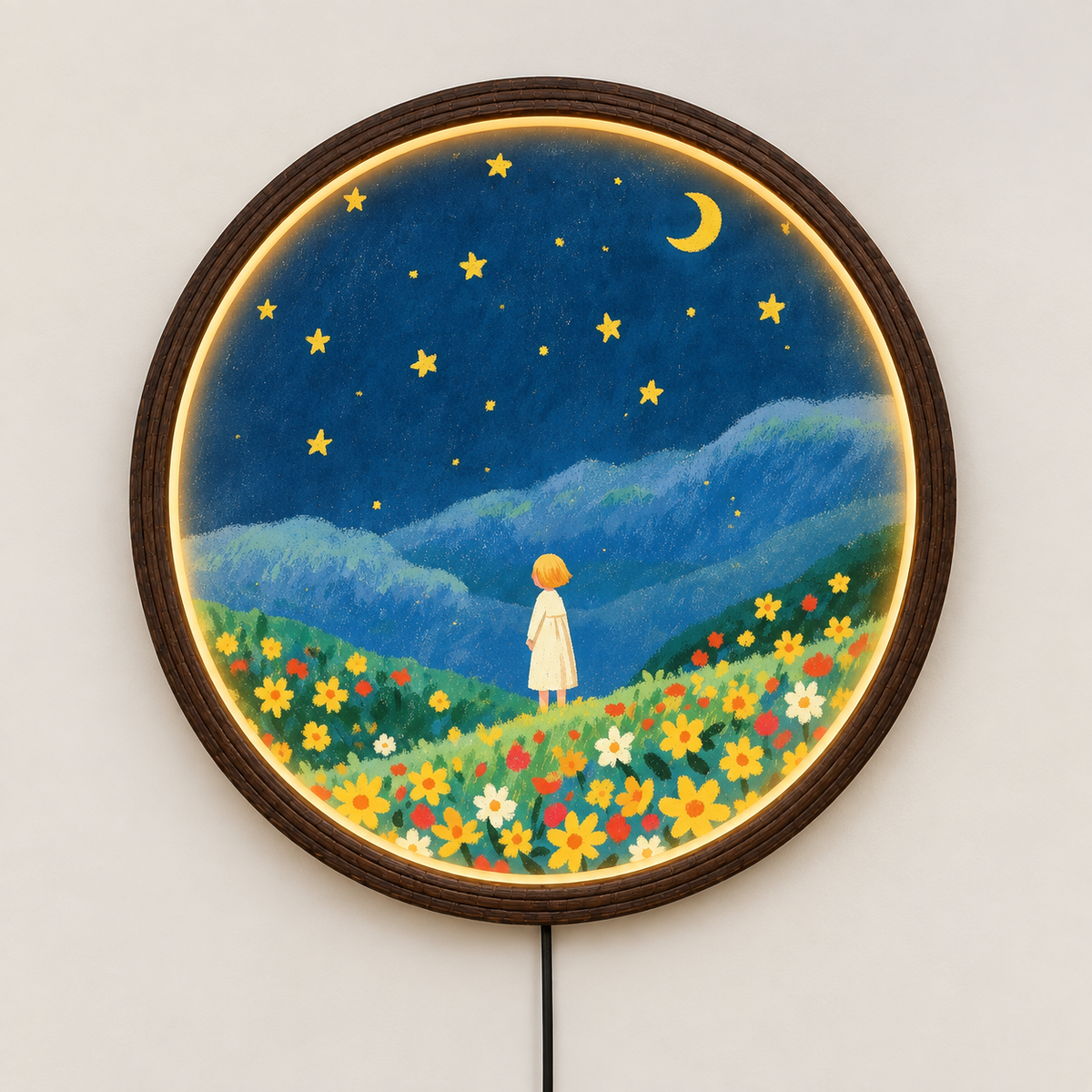 Whimsical Girl in Wildflower Meadow LED Wall Art – Round Illuminated Wall Decor
