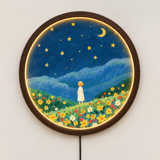 Whimsical Girl in Wildflower Meadow LED Wall Art – Round Illuminated Wall Decor
