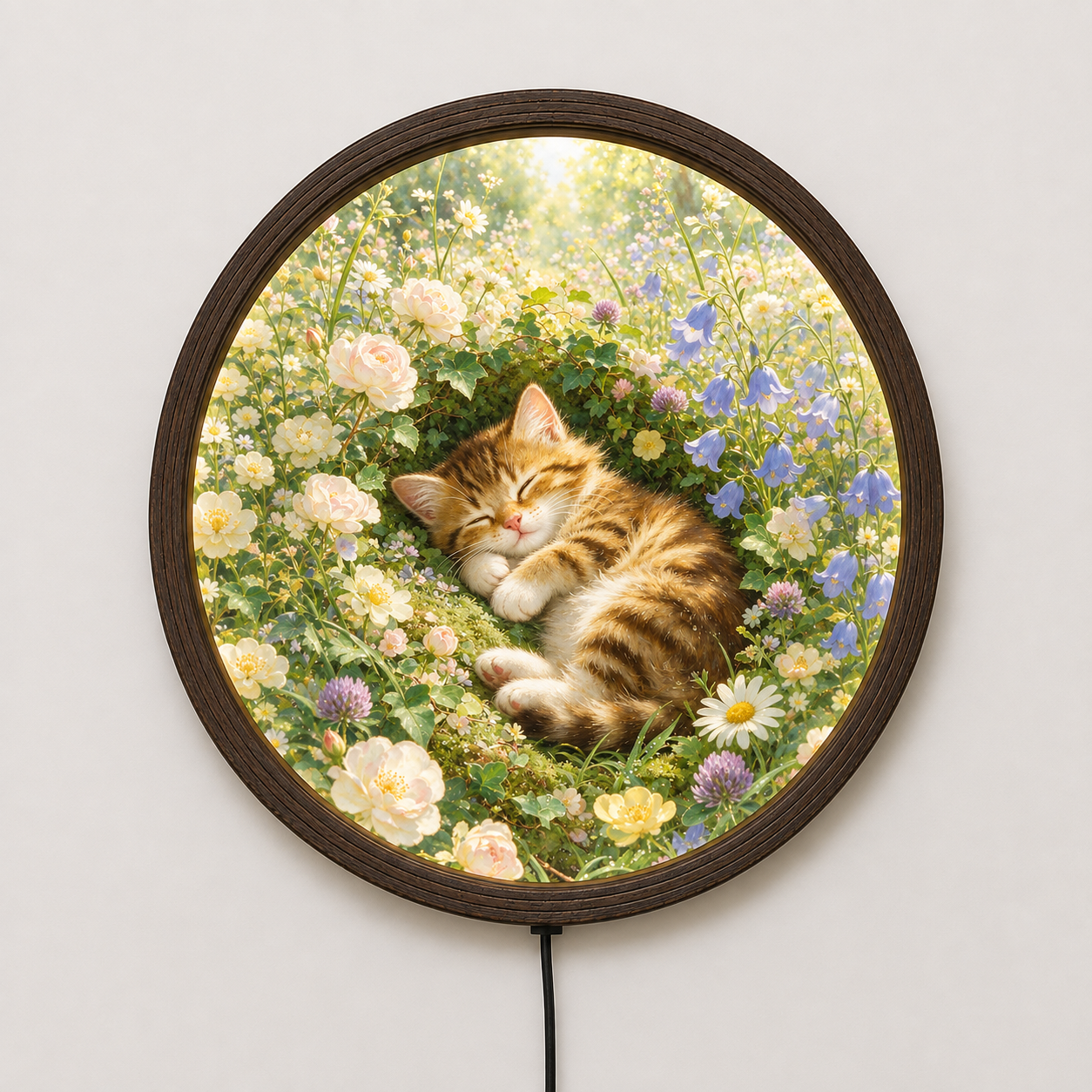 Illuminated Sleeping Cat Garden Wall Art – Round LED Floral Home Decor