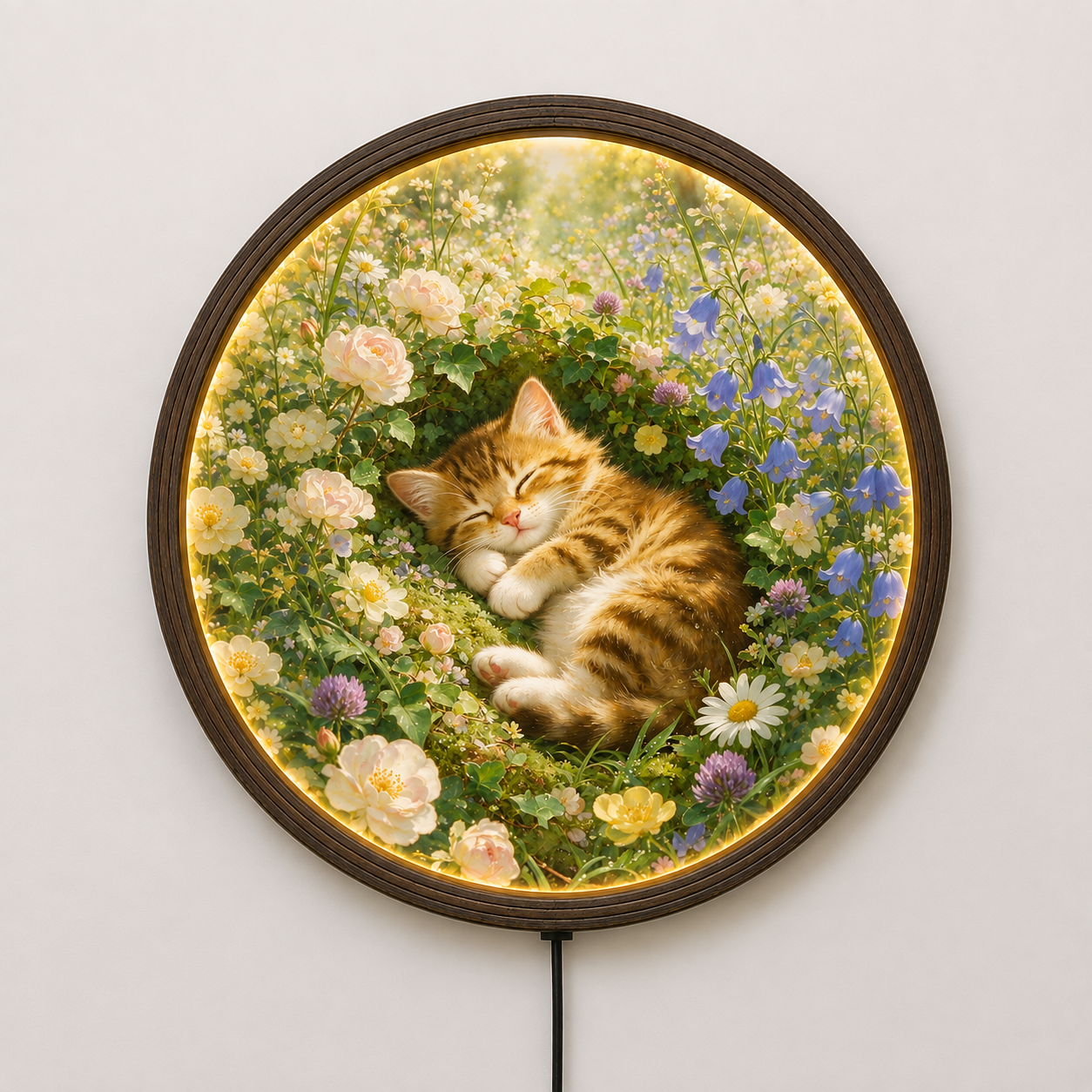 Illuminated Sleeping Cat Garden Wall Art – Round LED Floral Home Decor
