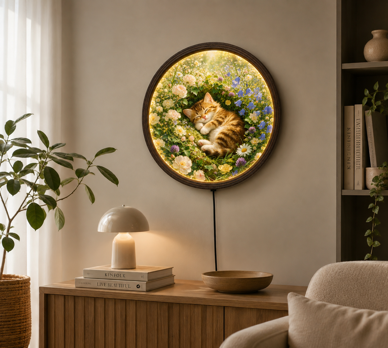 Illuminated Sleeping Cat Garden Wall Art – Round LED Floral Home Decor