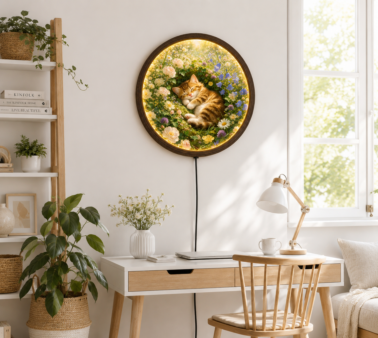 Illuminated Sleeping Cat Garden Wall Art – Round LED Floral Home Decor