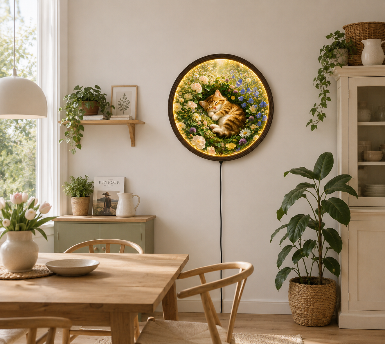 Illuminated Sleeping Cat Garden Wall Art – Round LED Floral Home Decor