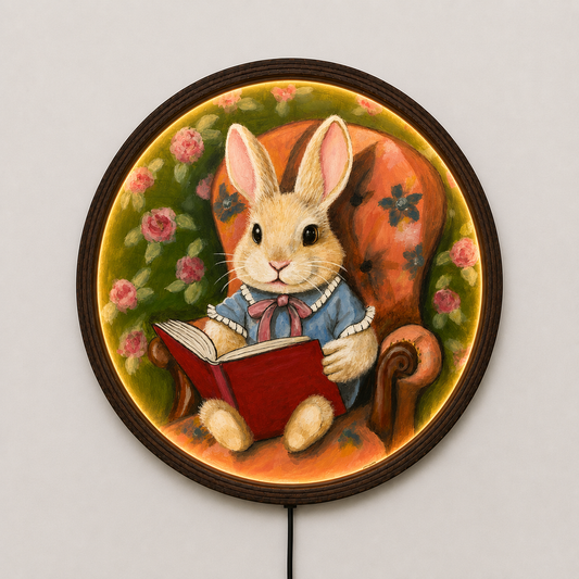 Vintage Bunny Reading LED Round Wall Art – Whimsical Lighted Home Decor