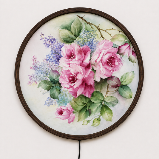 Pink Rose Bouquet LED Round Wall Art – Floral Lighted Wall Decor, Vintage Botanical Home Decor, Wooden Framed Hanging Wall Accent