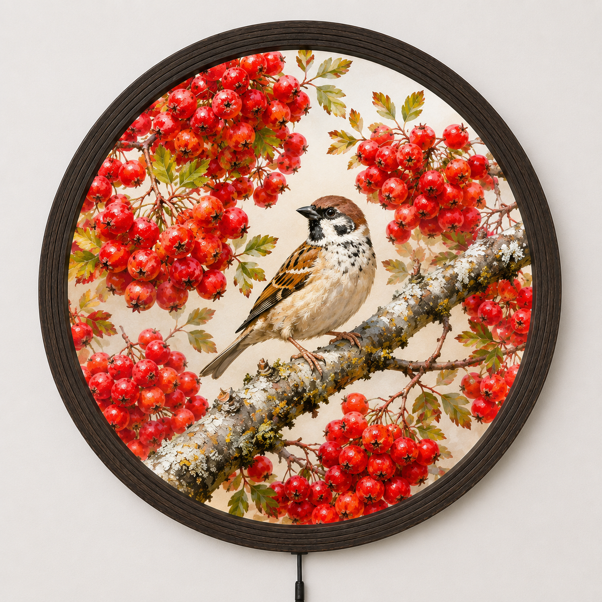 Illuminated Round Rowan Bird & Red Berry Wall Art – LED Lighted Nature Home Decor
