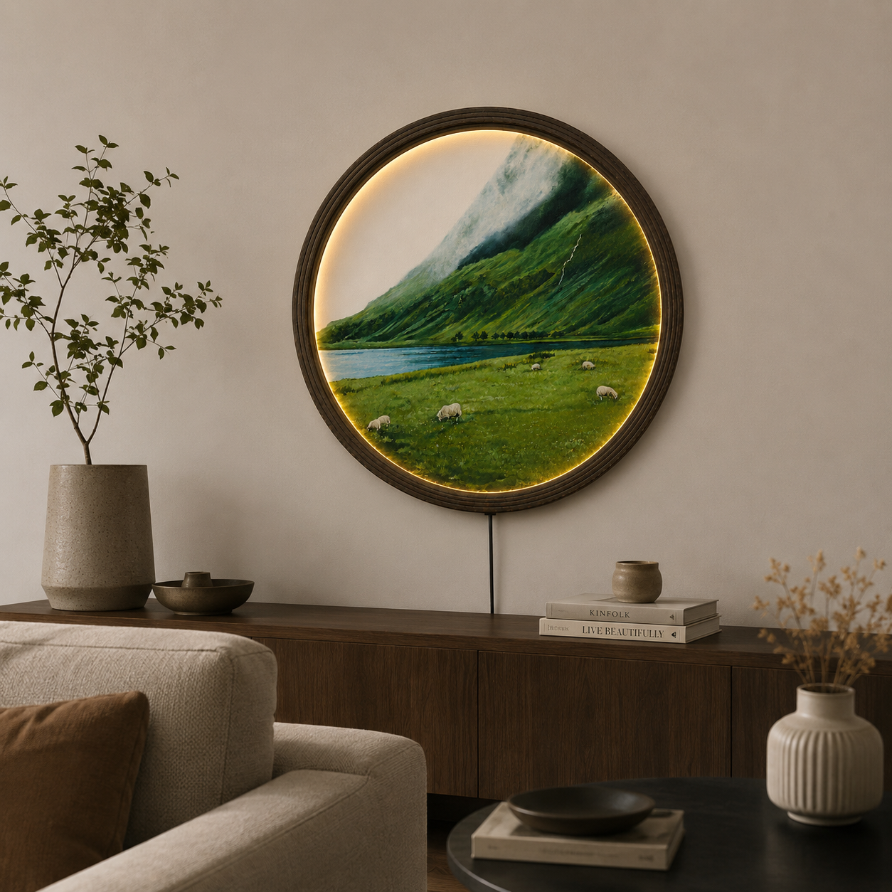 Round LED Mountain Landscape Wall Art – Premium Wooden Frame Nature Home Decor