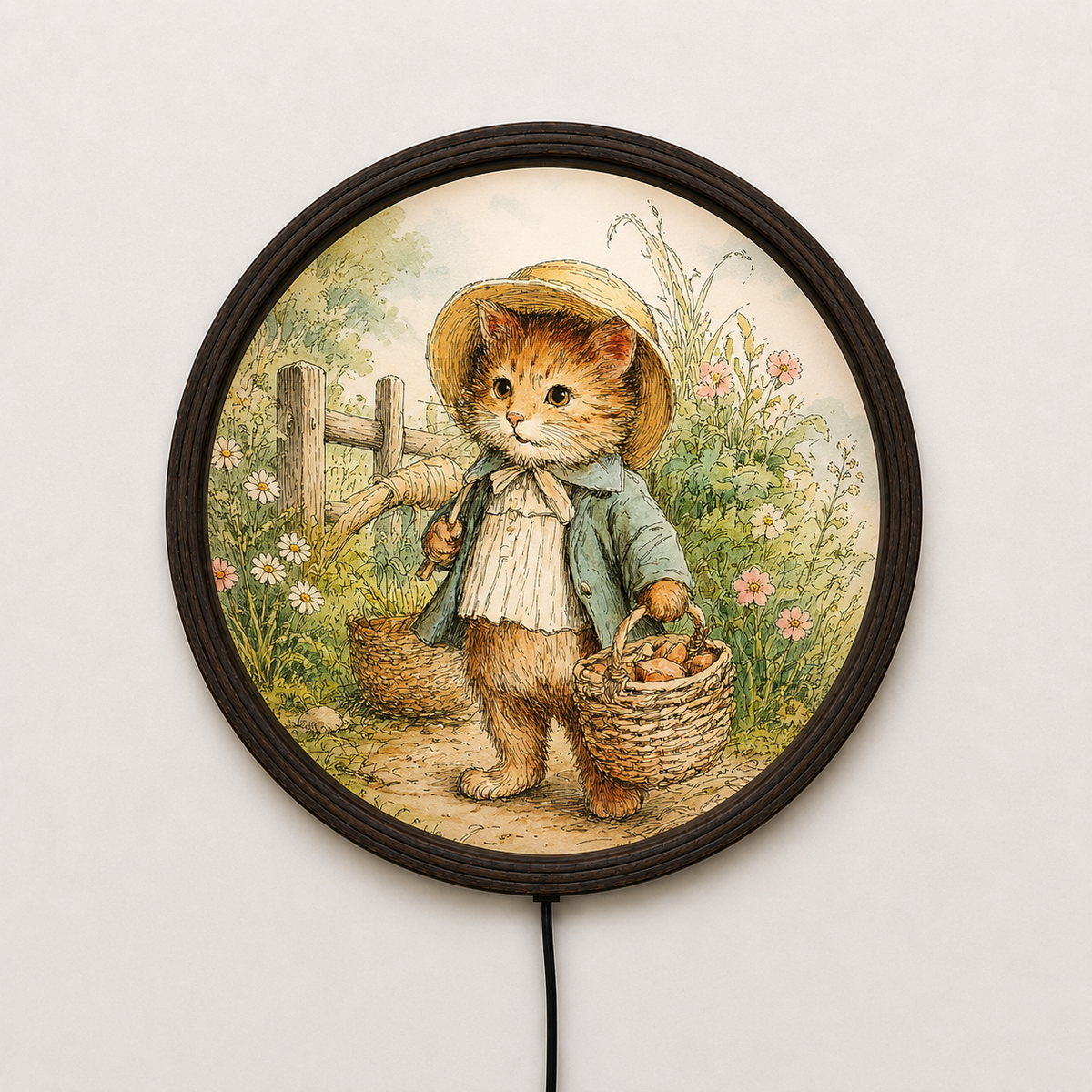 Rustic Cat LED Wall Art – Round Framed Farmhouse Wall Light